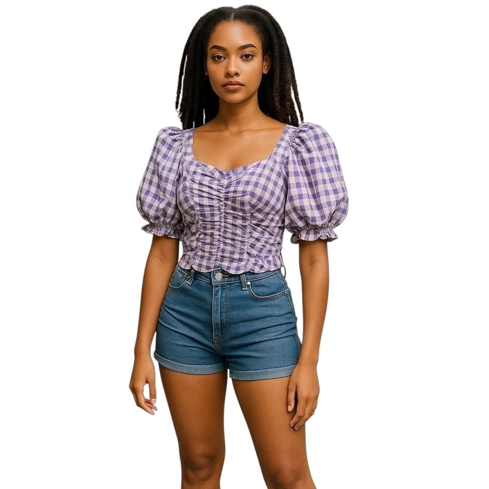 ASTR Stylish Purple Gingham Puff Sleeve Blouse- S